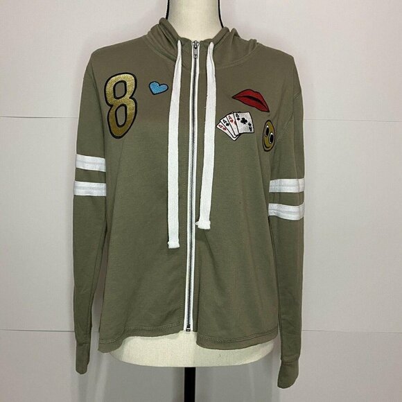 Miss Chievous Sz Medium Full-Zip Hoodie Jacket Taupe Embroidered - Picture 1 of 8